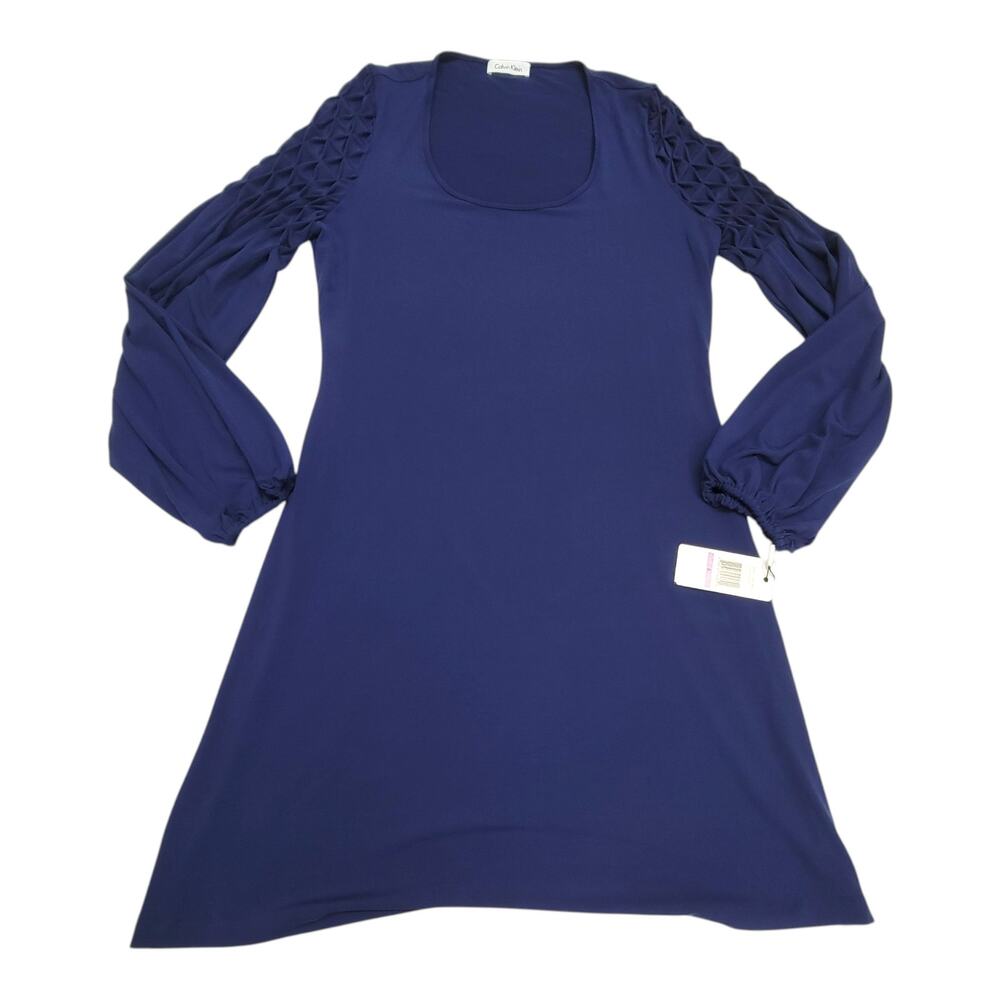 NWT Calvin Klein Womens Size 6 Cobalt Blue Smocked Lattice Sleeve A-Line Dress